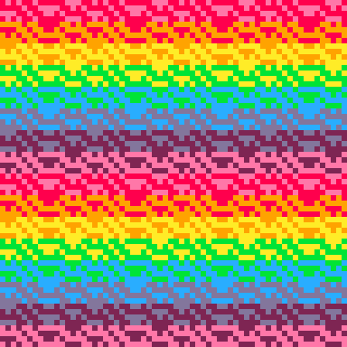 A rainbow-striped, pixelated image with triangles and diagnoal lines.